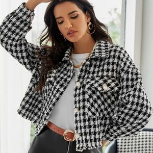 SHEIN Collared Flap Pocket Front Tweed Jacket Houndstooth